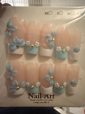 Blue Floral Rhinestone handmade acrylic Press-On Nails